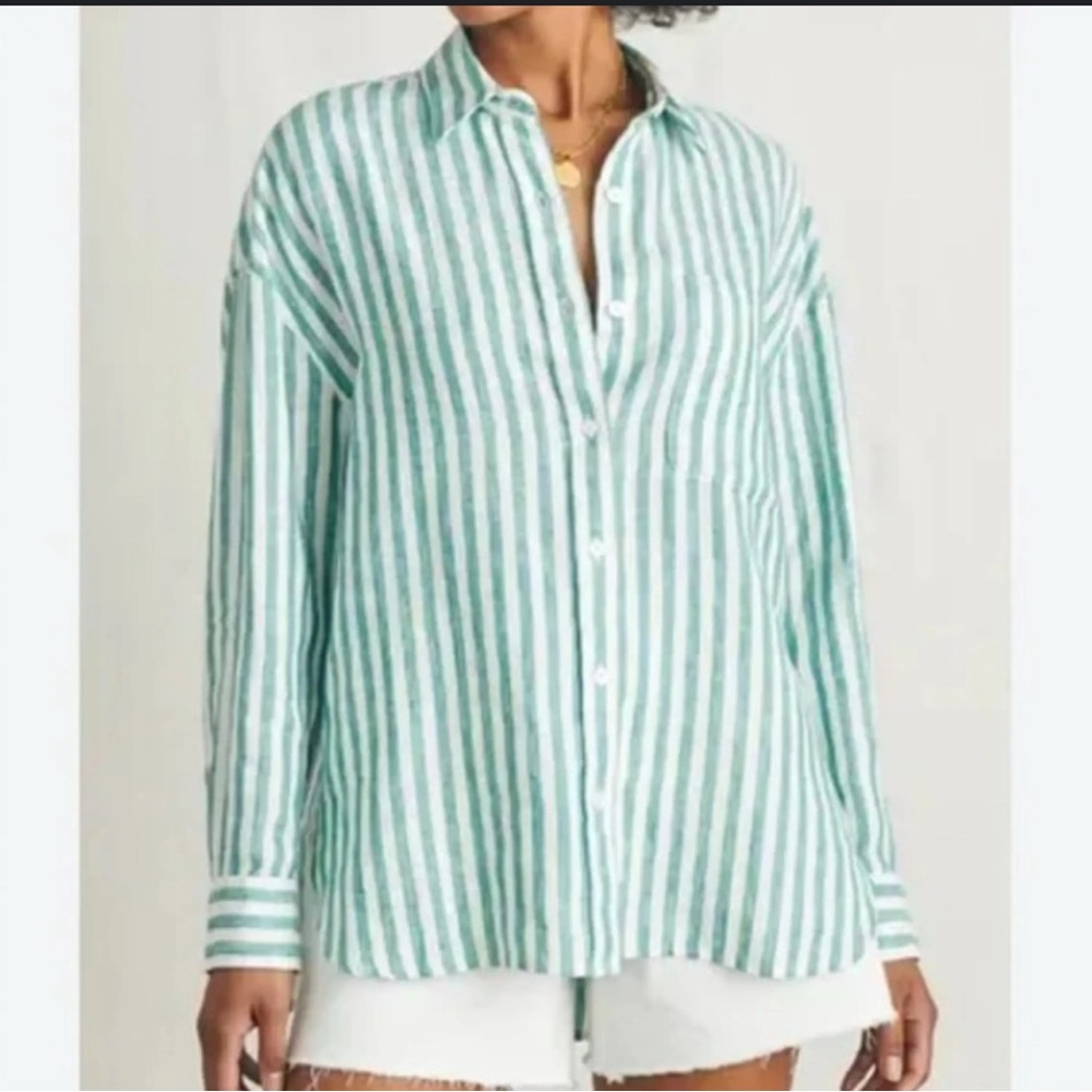 Green and White Striped Button-Up Shirt and Shorts Set - Picture 4 of 16